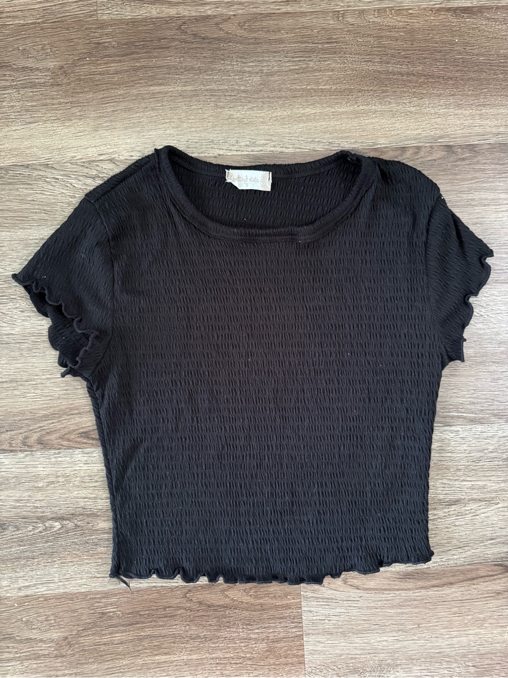 Black Textured Lettuce-Edge Short Sleeve Top